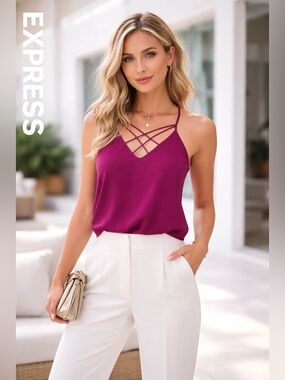 Express Crisscross Strappy V-Neck Cami in Magenta / Berry Plum